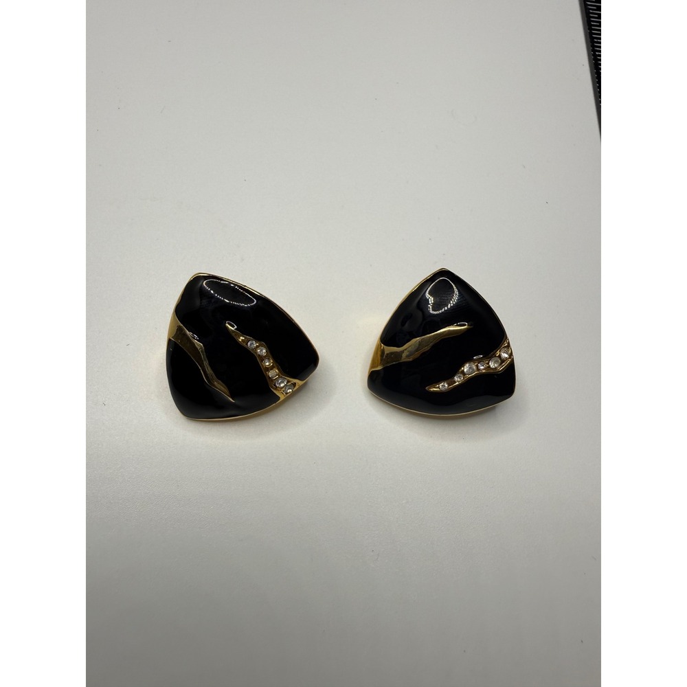 Vintage Black Enamel Gold Tone Rhinestone Triangle Clip On Earrings Statement